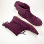 Fringed Ankle Boho Booties in Italian Soft Oxblood Burgundy Suede Leather, Elehandmade Shoes, Indian fringe ankle booties in prune soft suede