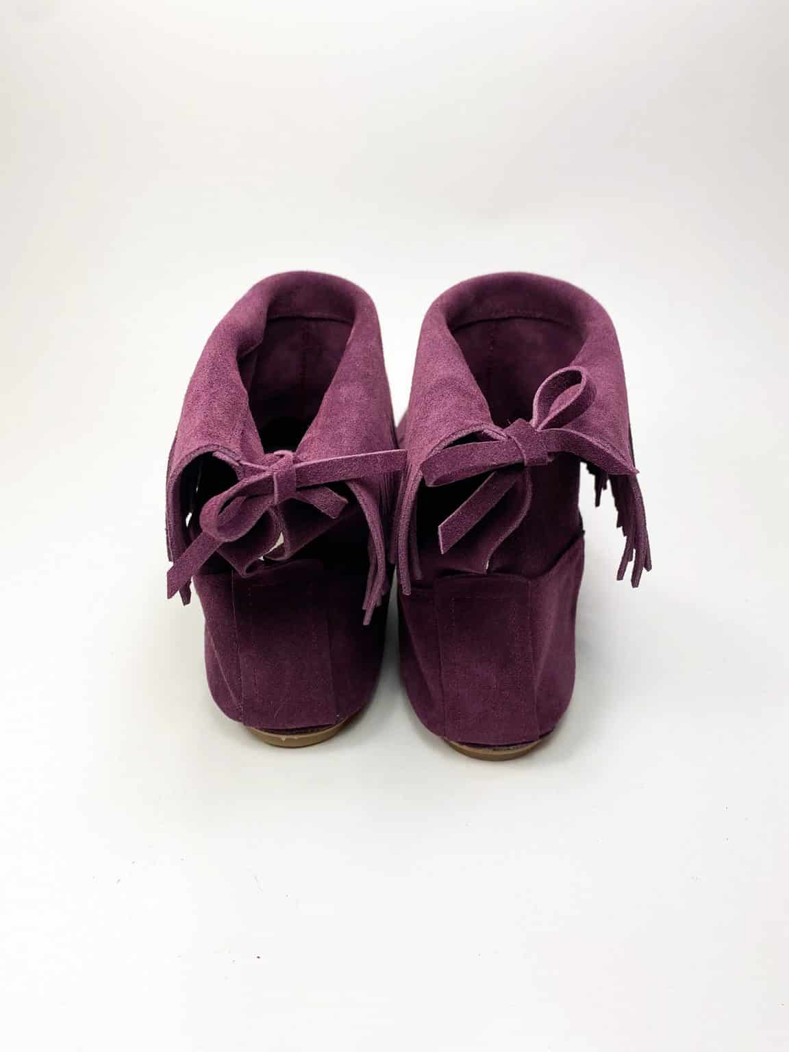 Fringed Ankle Boho Booties in Italian Soft Oxblood Burgundy Suede Leather, Elehandmade Shoes, Indian fringe ankle booties in prune soft suede