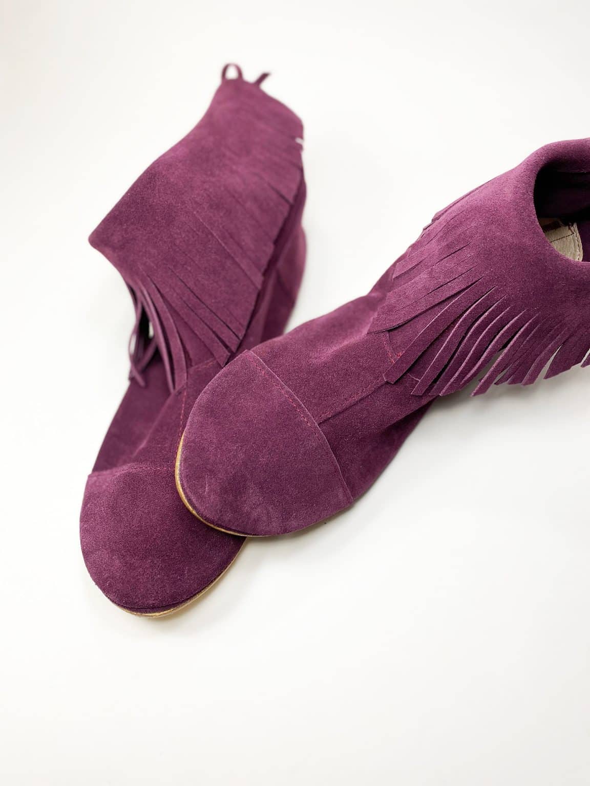 Fringed Ankle Boho Booties in Italian Soft Oxblood Burgundy Suede Leather, Elehandmade Shoes, Indian fringe ankle booties in prune soft suede