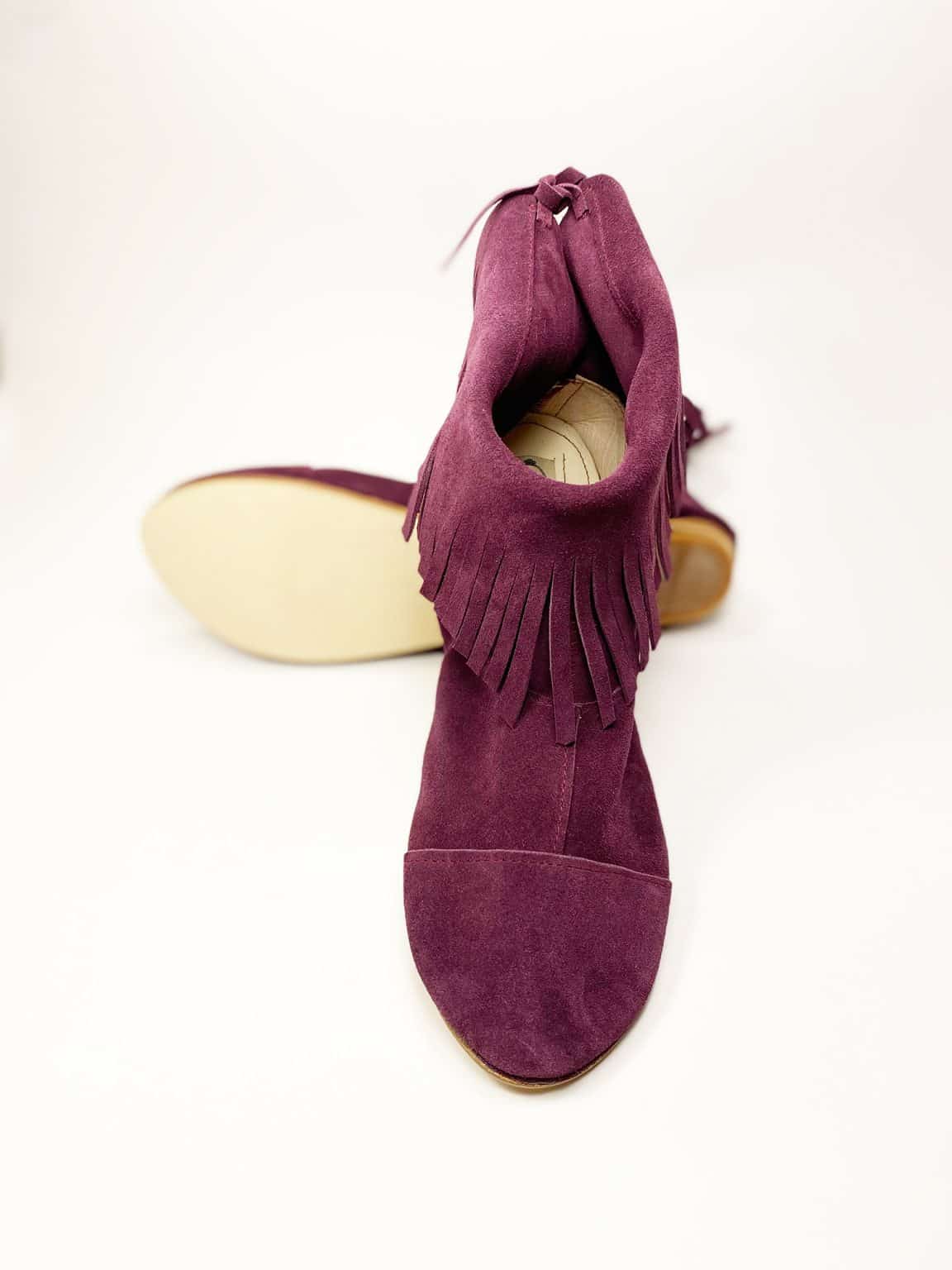 Fringed Ankle Boho Booties in Italian Soft Oxblood Burgundy Suede Leather, Elehandmade Shoes, Indian fringe ankle booties in prune soft suede