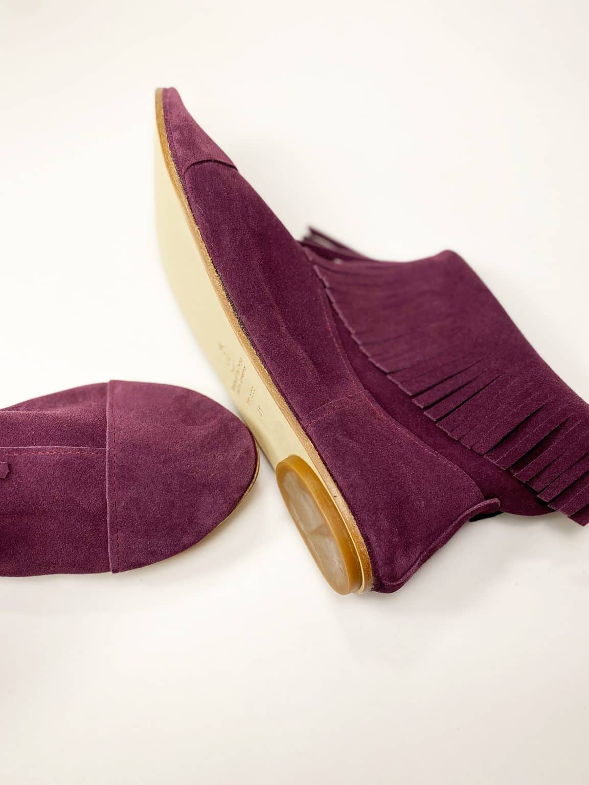 Fringed Ankle Boho Booties in Italian Soft Oxblood Burgundy Suede Leather, Elehandmade Shoes, Indian fringe ankle booties in prune soft suede