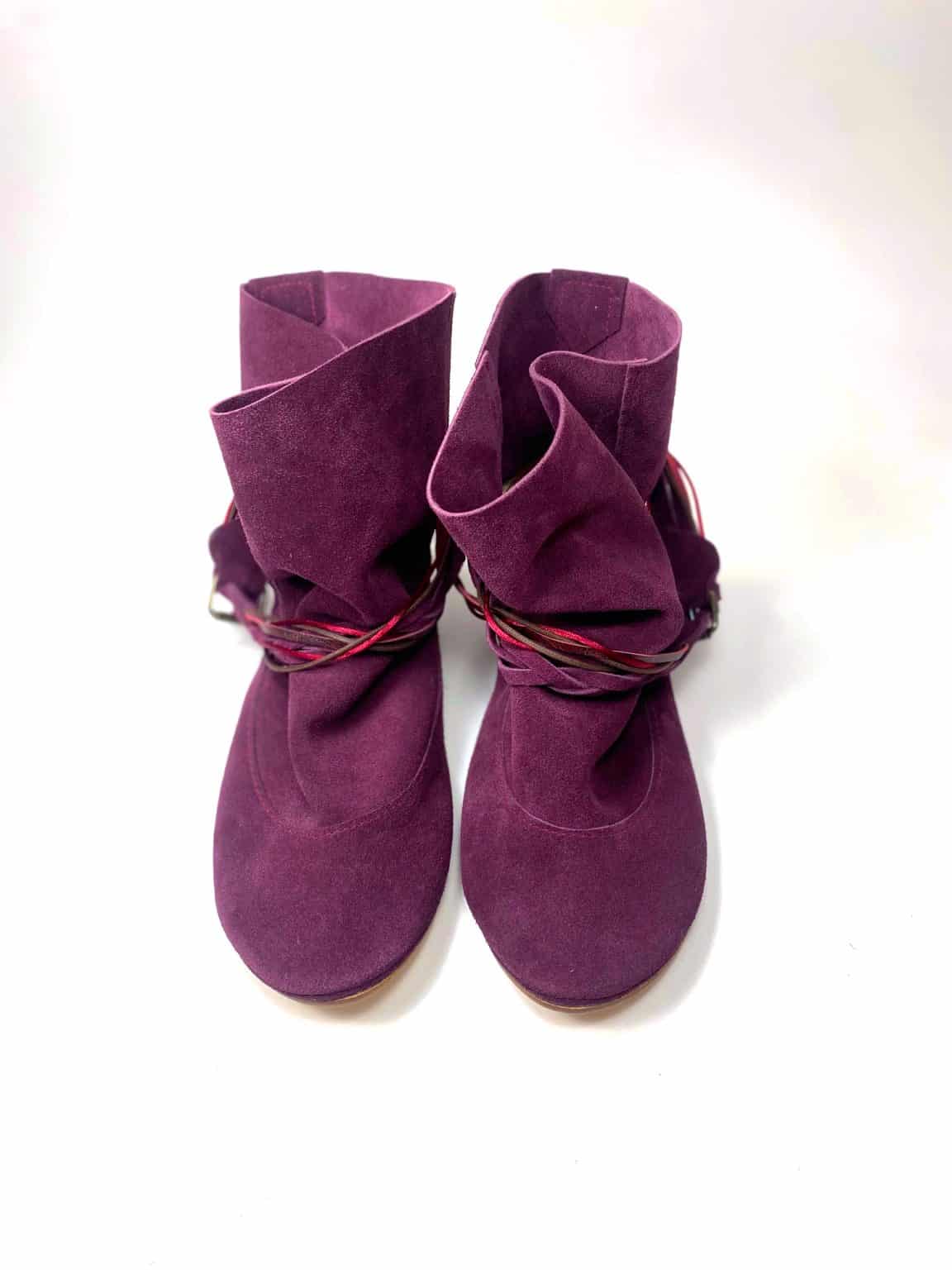 Ankle Boho Boots in Italian Soft Oxblood Leather, Burgundy Plume Floppy Booties, Elehandmade Shoes