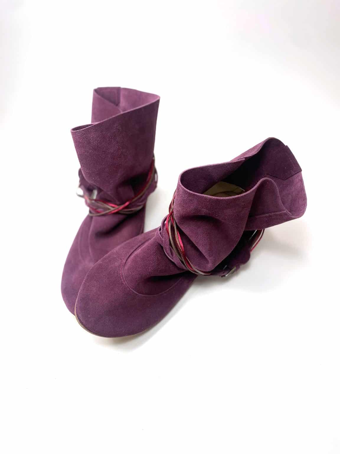 Ankle Boho Boots in Italian Soft Oxblood Leather, Burgundy Plume Floppy Booties, Elehandmade Shoes