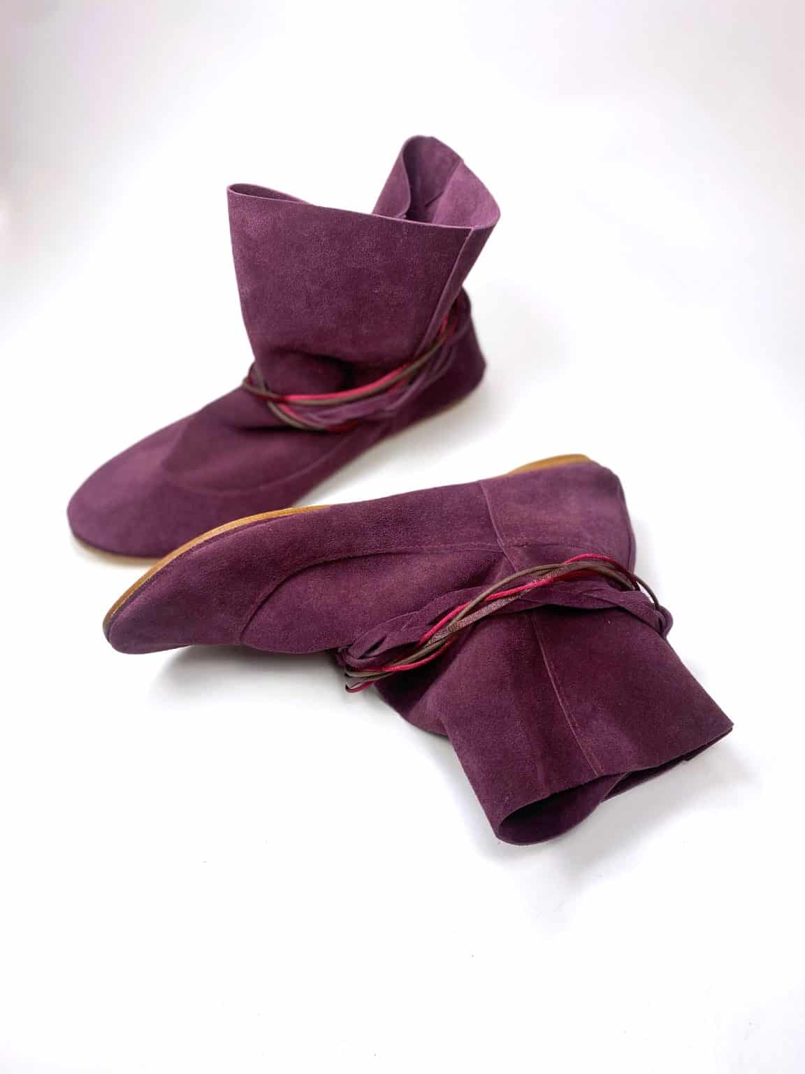 Ankle Boho Boots in Italian Soft Oxblood Leather, Burgundy Plume Floppy Booties, Elehandmade Shoes