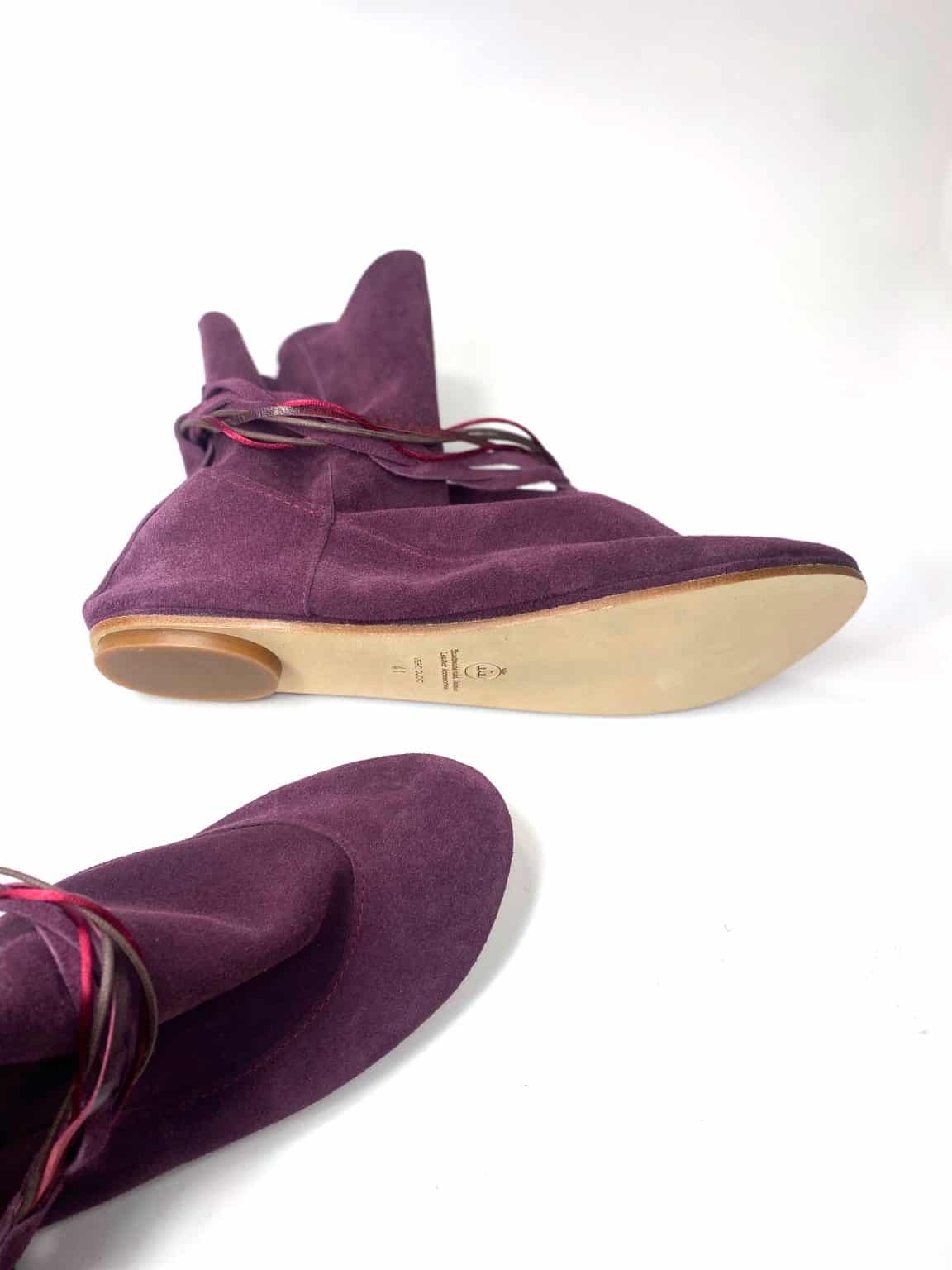 Ankle Boho Boots in Italian Soft Oxblood Leather, Burgundy Plume Floppy Booties, Elehandmade Shoes