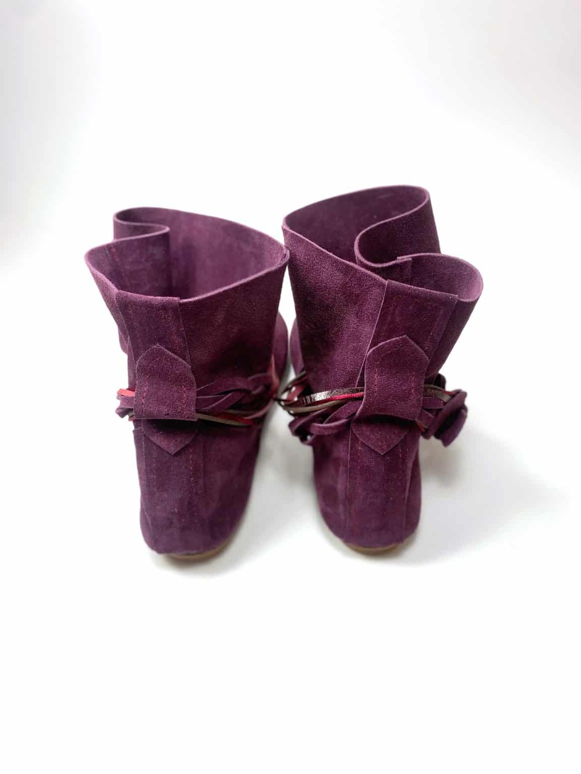 Ankle Boho Boots in Italian Soft Oxblood Leather, Burgundy Plume Floppy Booties, Elehandmade Shoes