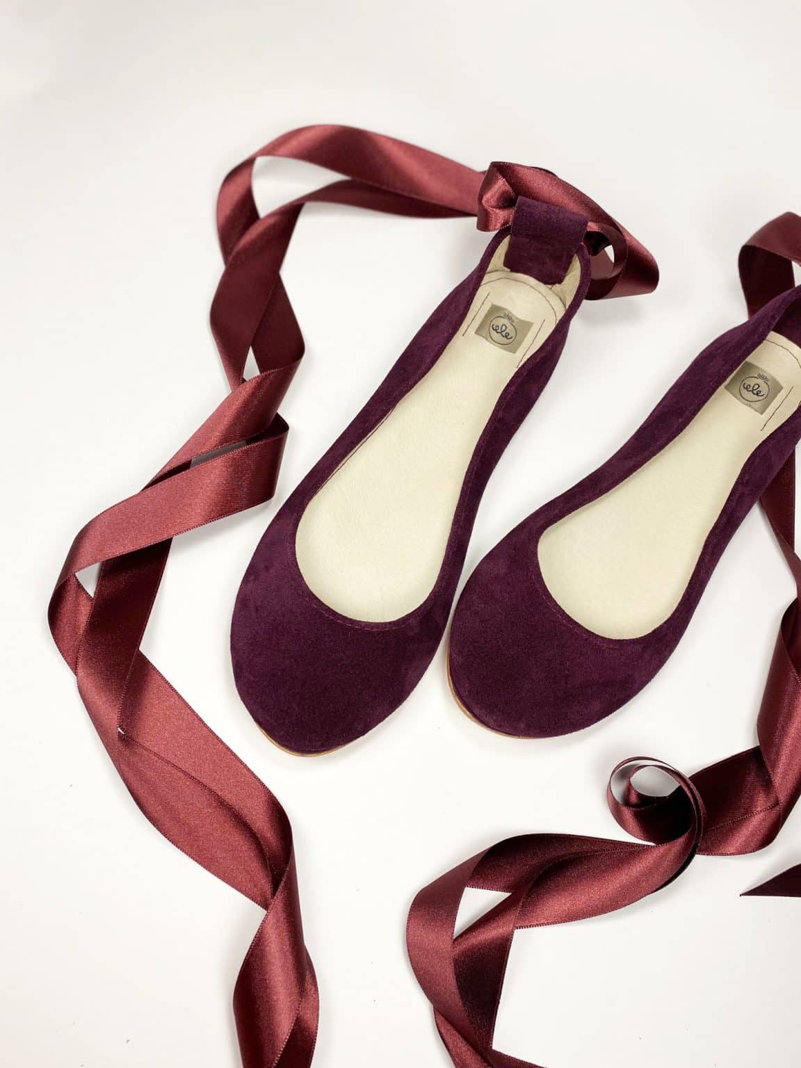 Bridal Ballerina Style Shoes in Burgundy Leather with Satin Ribbons, Elehandmade Shoes