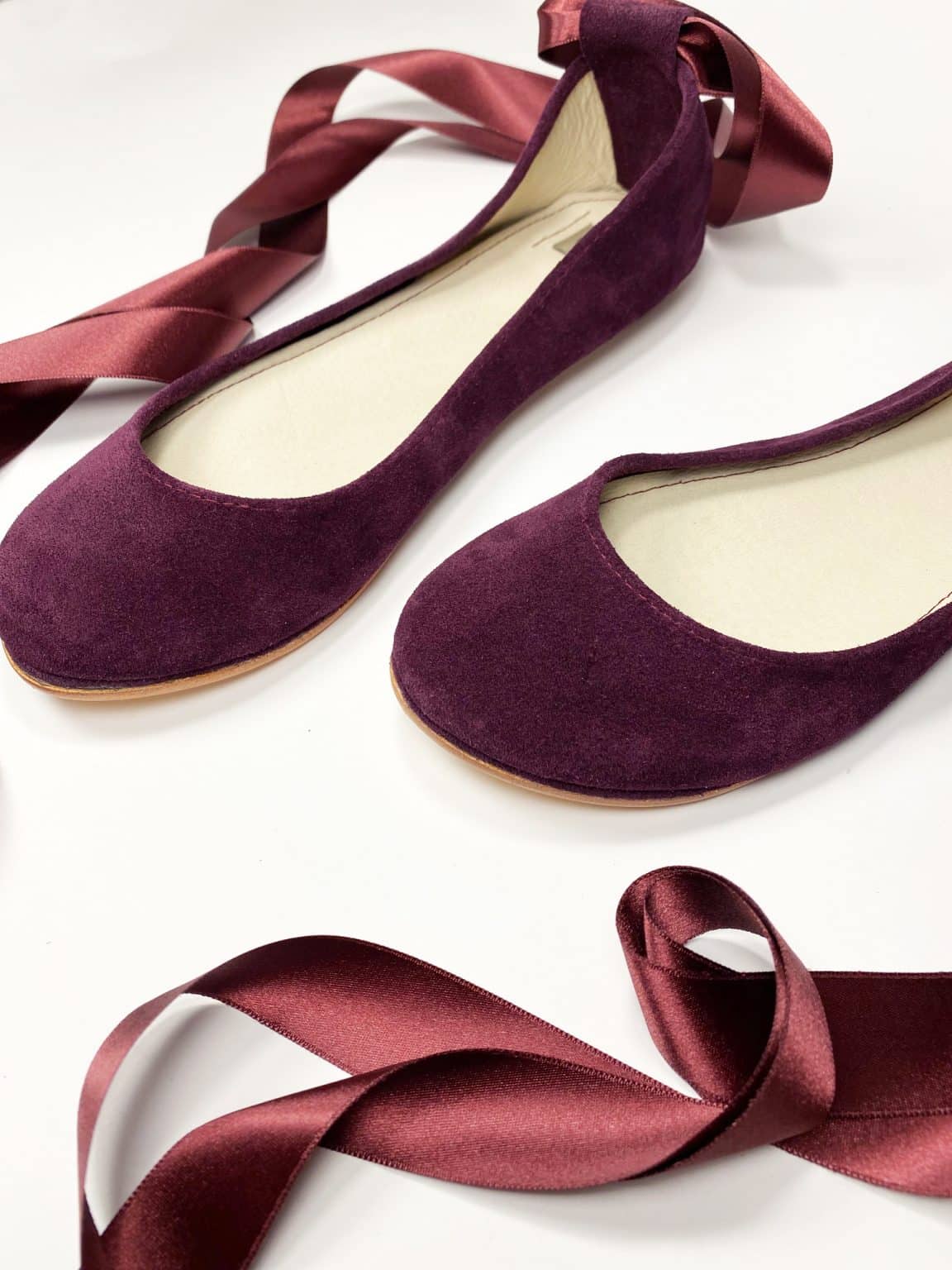 Bridal Ballerina Style Shoes in Burgundy Leather with Satin Ribbons, Elehandmade Shoes