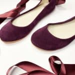 Bridal Ballerina Style Shoes in Burgundy Leather with Satin Ribbons, Elehandmade Shoes