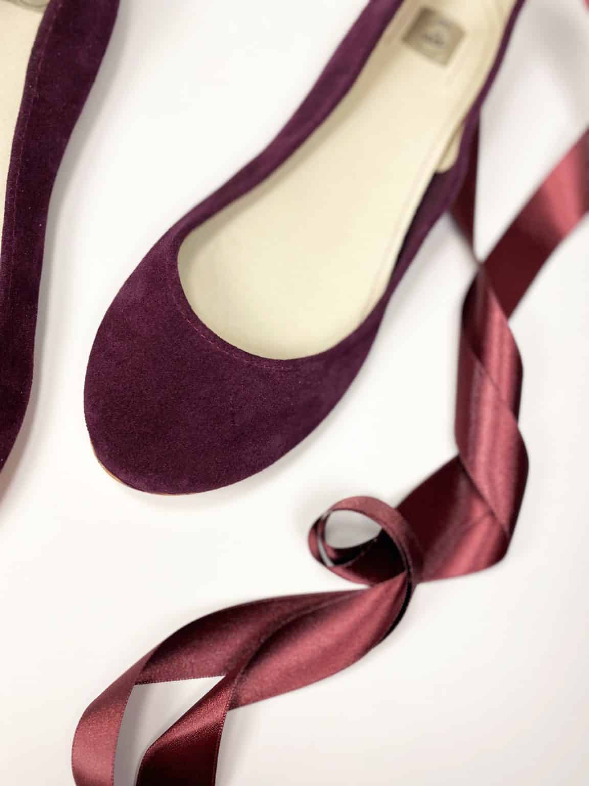 Bridal Ballerina Style Shoes in Burgundy Leather with Satin Ribbons, Elehandmade Shoes