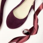 Bridal Ballerina Style Shoes in Burgundy Leather with Satin Ribbons, Elehandmade Shoes
