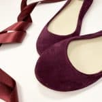 Bridal Ballerina Style Shoes in Burgundy Leather with Satin Ribbons, Elehandmade Shoes
