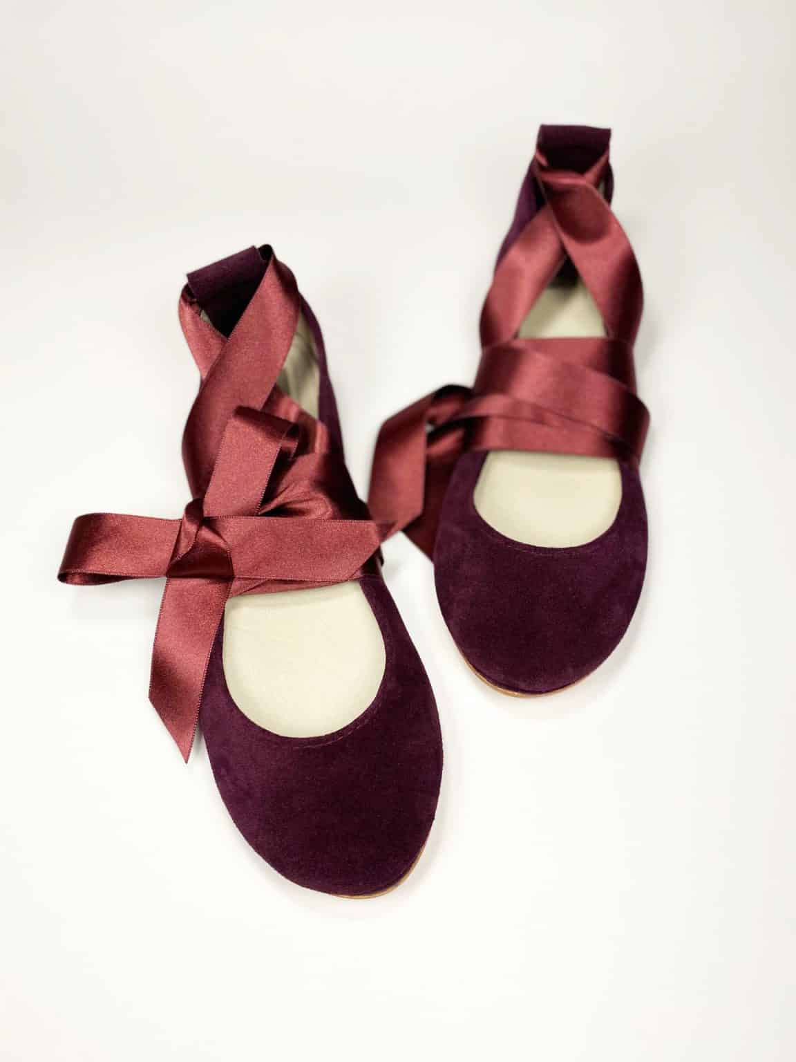 Bridal Ballerina Style Shoes in Burgundy Leather with Satin Ribbons, Elehandmade Shoes