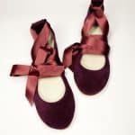 Bridal Ballerina Style Shoes in Burgundy Leather with Satin Ribbons, Elehandmade Shoes