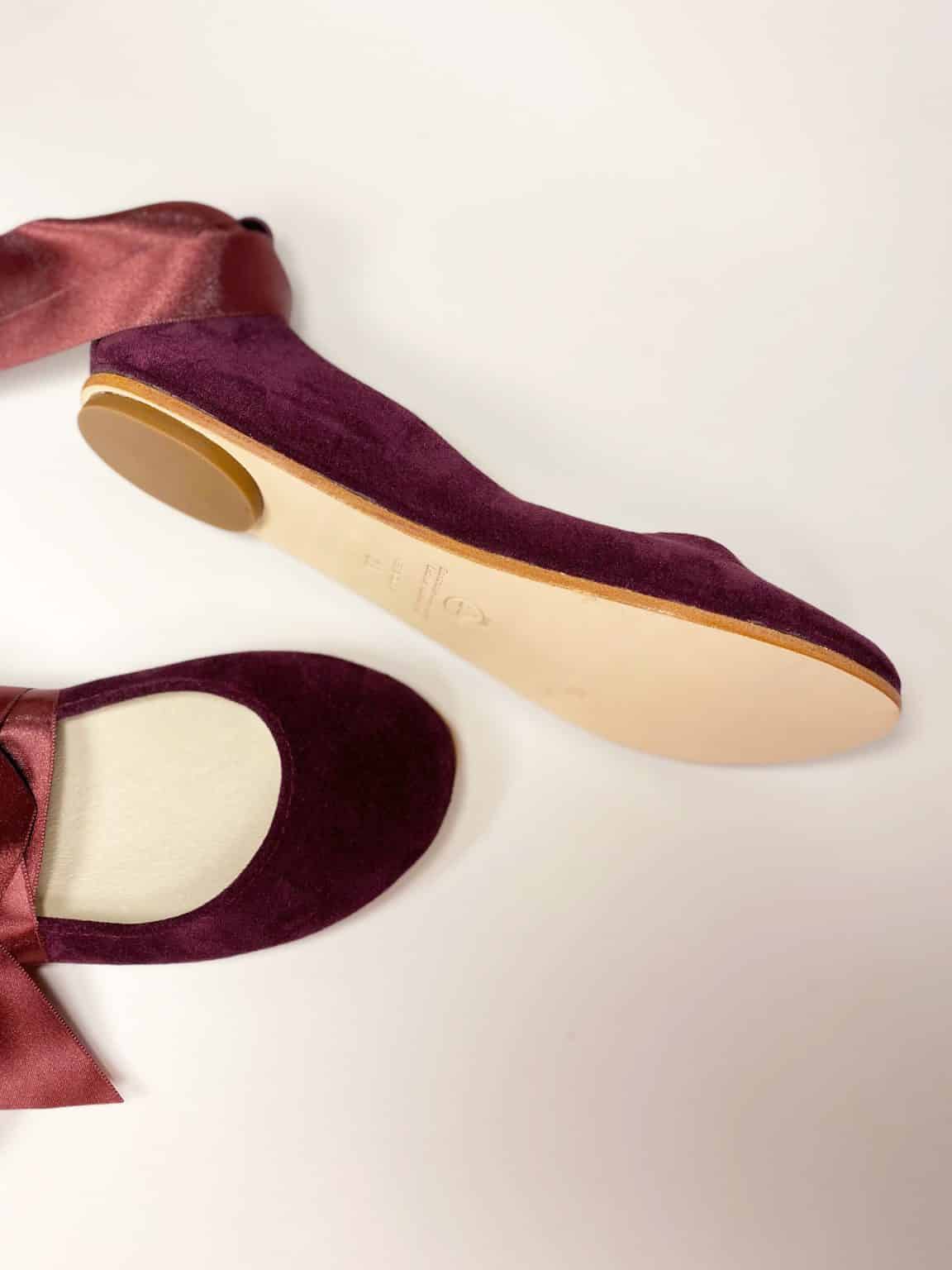 Bridal Ballerina Style Shoes in Burgundy Leather with Satin Ribbons, Elehandmade Shoes