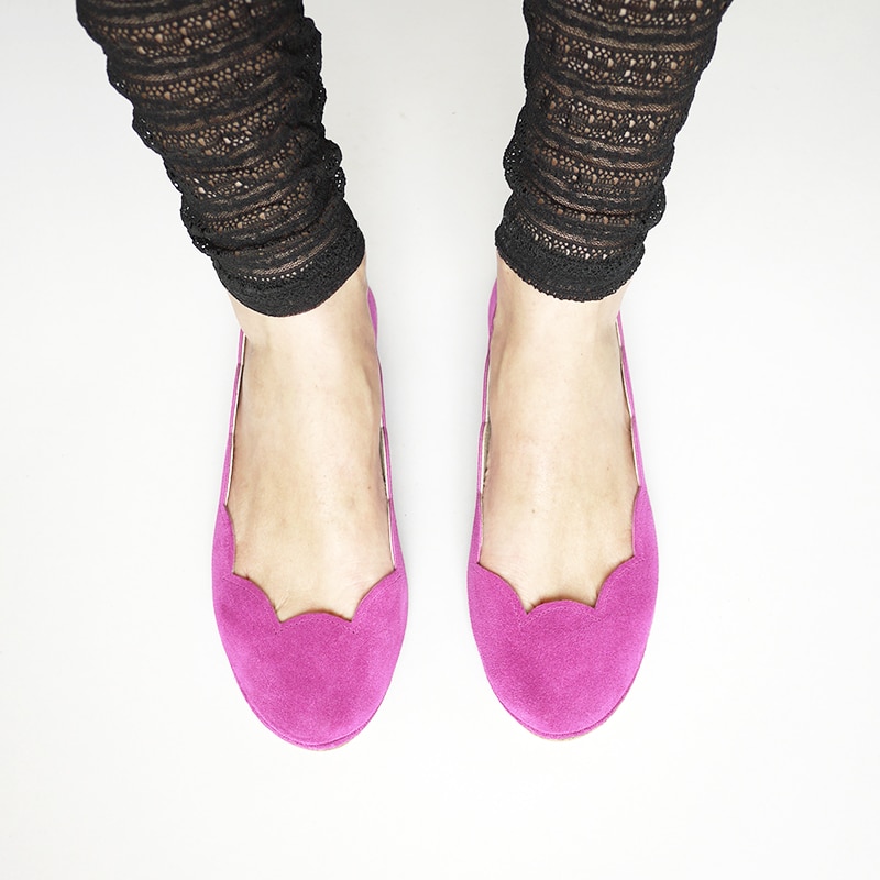 Ballet Flats Shoes in Cyclamen Italian Leather, Scalloped Ballet Flats, Elehandmade Shoes