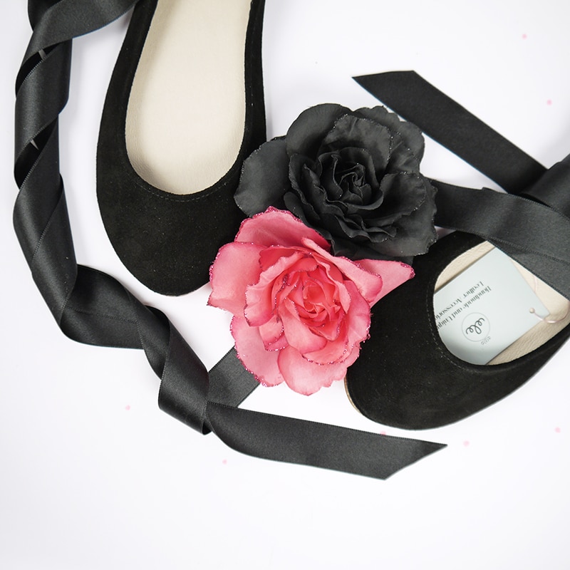 Ballet Flats Shoes in Black Italian Leather With Satin Ribbon, Elehandmade Ballerina Shoes