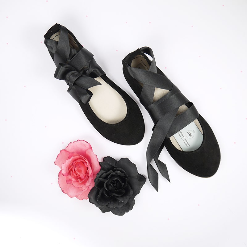 Ballet Flats Shoes in Black Italian Leather With Satin Ribbon, Elehandmade Ballerina Shoes