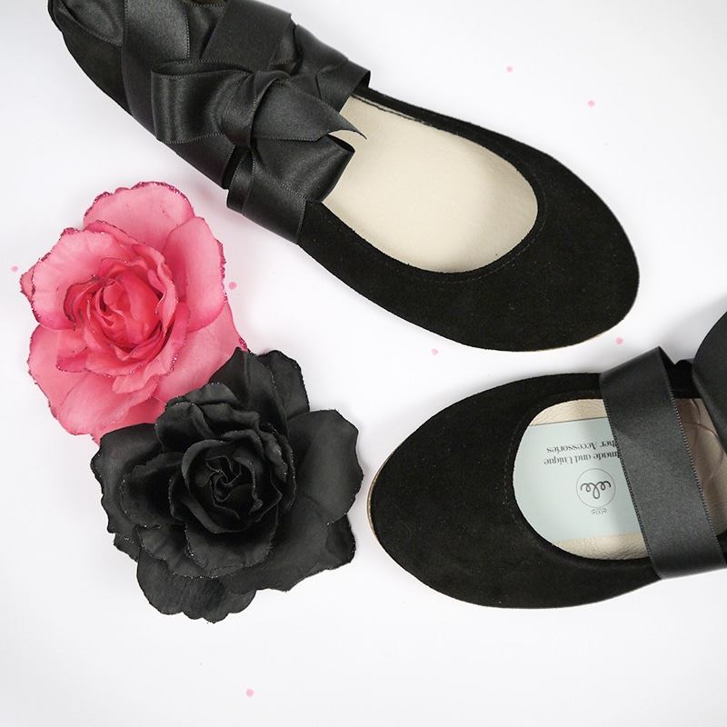 Ballet Flats Shoes in Black Italian Leather With Satin Ribbon, Elehandmade Ballerina Shoes