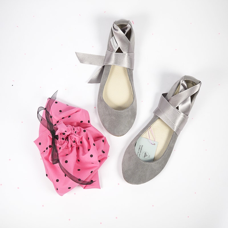 Ballet Flats Ballerinas Shoes With Satin Ribbon in Pearl Gray Italian Leather, Low Heel Bridal Pumps, elehandmade