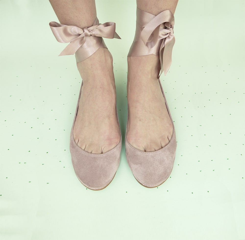 Bridal Ballerina Style Shoes in Rose Quartz Italian Leather with Satin Ribbons, Elehandmade Shoes