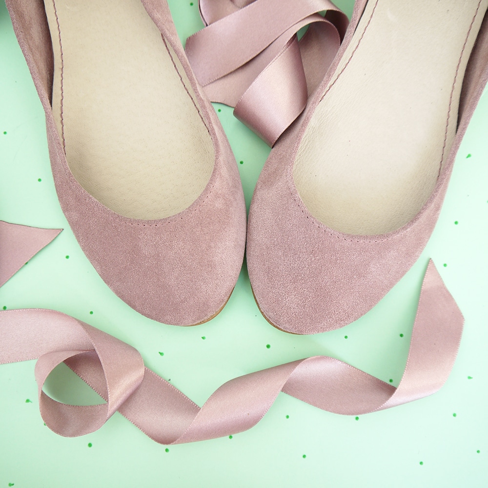 Bridal Ballerina Style Shoes in Rose Quartz Italian Leather with Satin Ribbons, Elehandmade Shoes