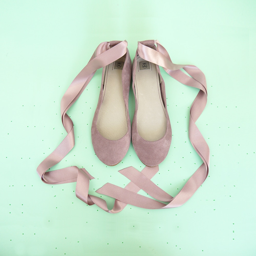 Bridal Ballerina Style Shoes in Rose Quartz Italian Leather with Satin Ribbons, Elehandmade Shoes