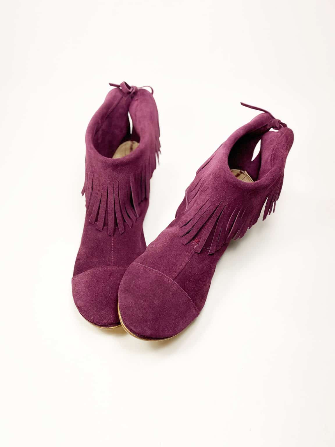 Fringed Ankle Boho Booties in Italian Soft Oxblood Burgundy Suede Leather, Elehandmade Shoes, Indian fringe ankle booties in prune soft suede