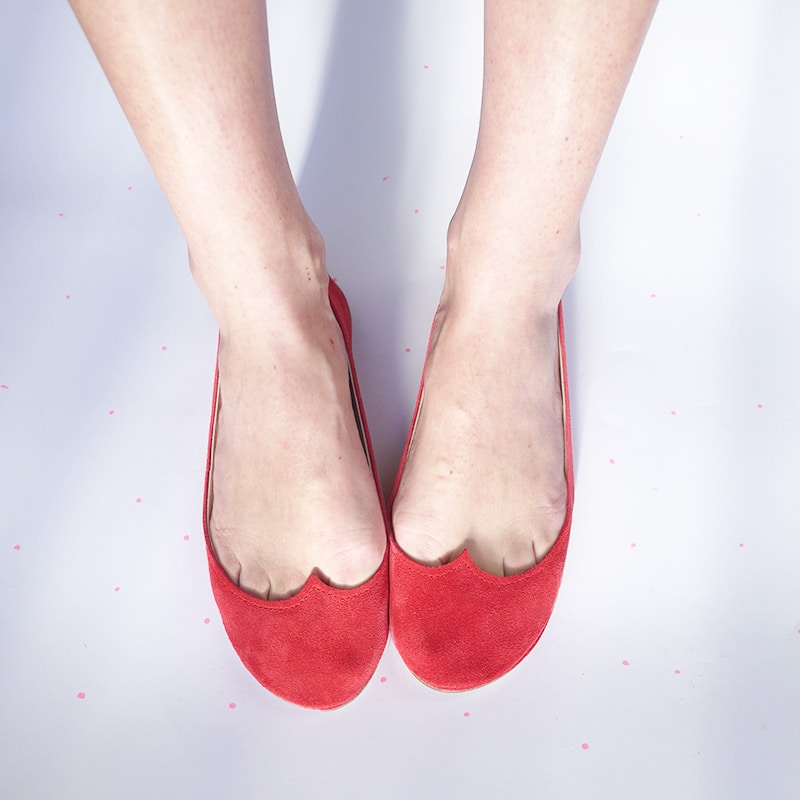 Ballet Flat Shoes in Red Soft Leather with Heart Shape, Elehandmade Shoes