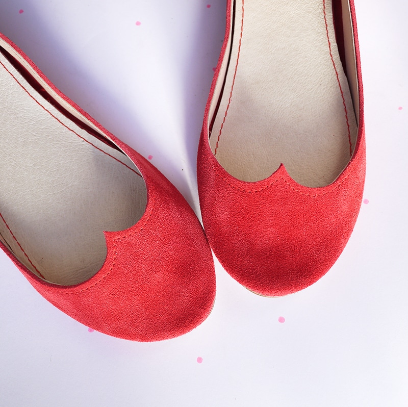 Ballet Flat Shoes in Red Soft Leather with Heart Shape, Elehandmade Shoes