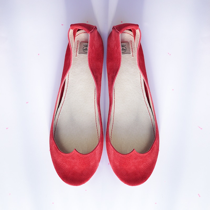 Ballet Flat Shoes in Red Soft Leather with Heart Shape, Elehandmade Shoes