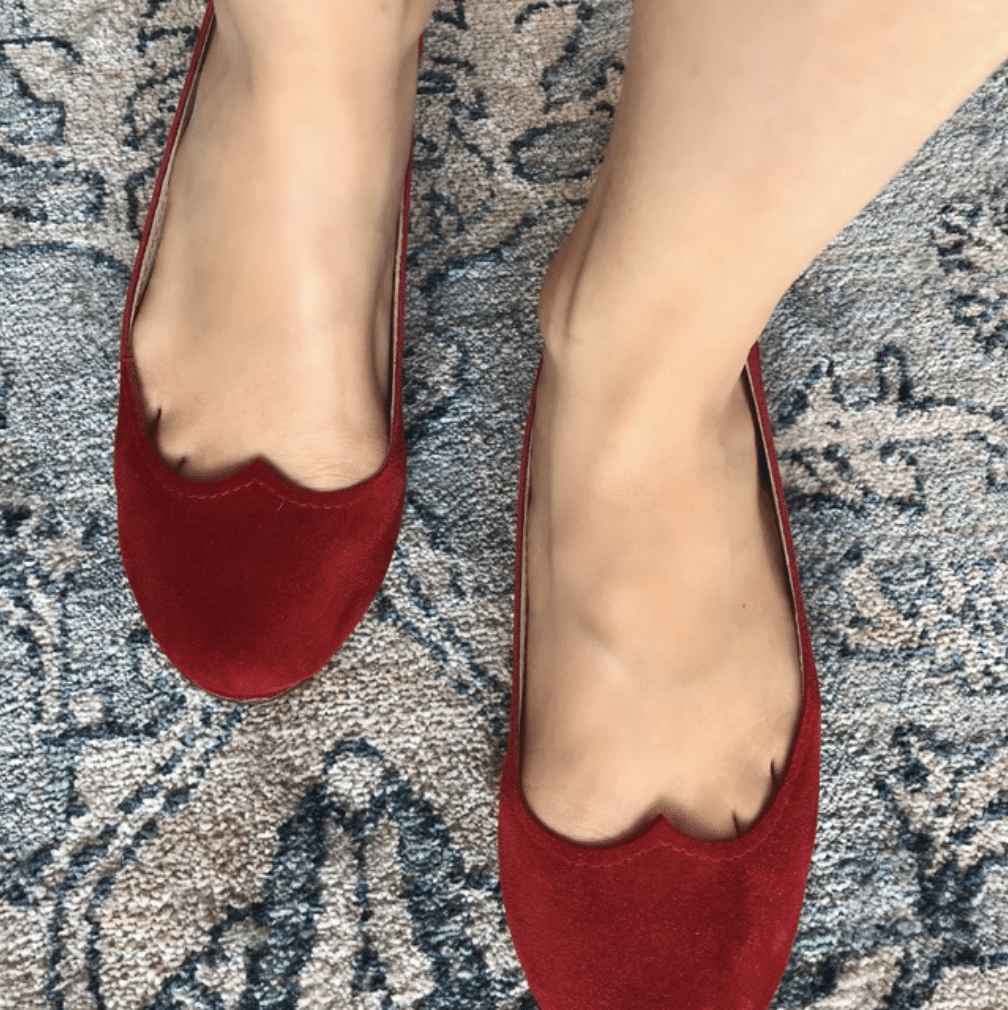 Ballet Flat Shoes in Red Soft Leather with Heart Shape, Elehandmade Shoes