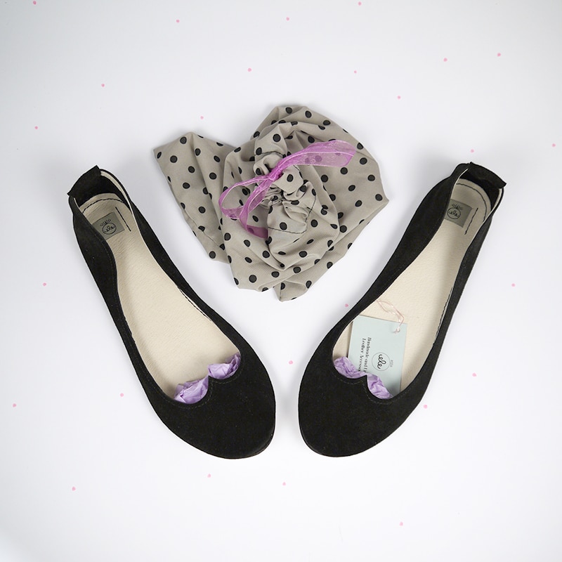 Ballet Flat Shoes in Black Soft Leather with Heart Shape, Elehandmade Shoes