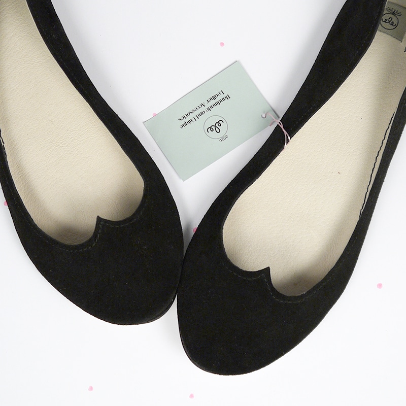 Ballet Flat Shoes in Black Soft Leather with Heart Shape, Elehandmade Shoes