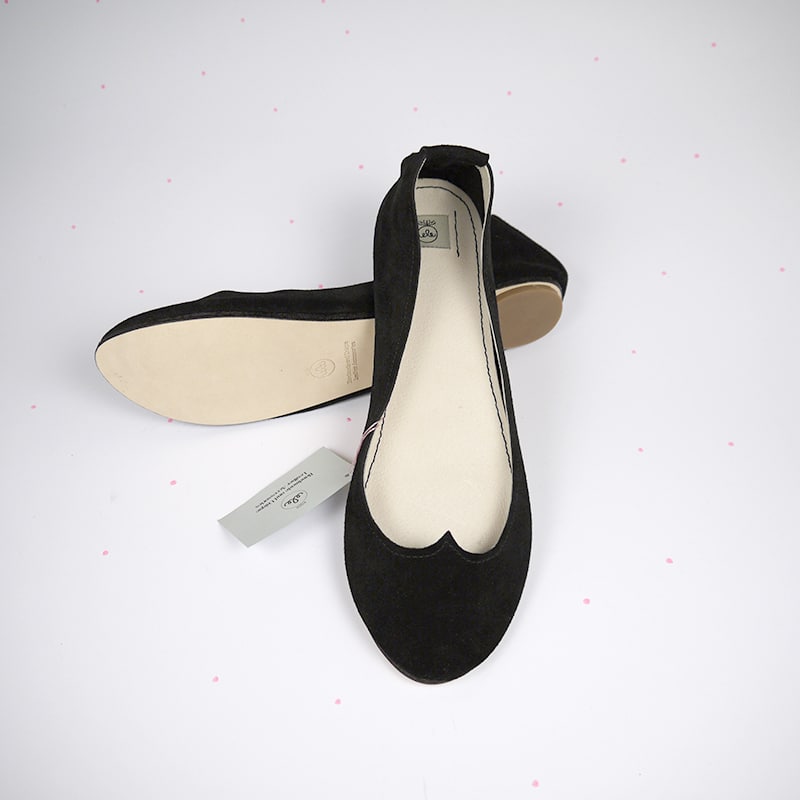 Ballet Flat Shoes in Black Soft Leather with Heart Shape, Elehandmade Shoes