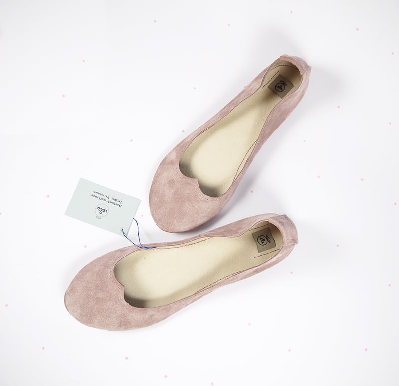 Ballet Flat Shoes in Blush Soft Leather with Heart Shape, Elehandmade Shoes
