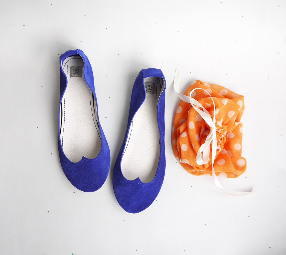 Ballet Flat Shoes in Blue Soft Leather with Heart Shape, Elehandmade Shoes