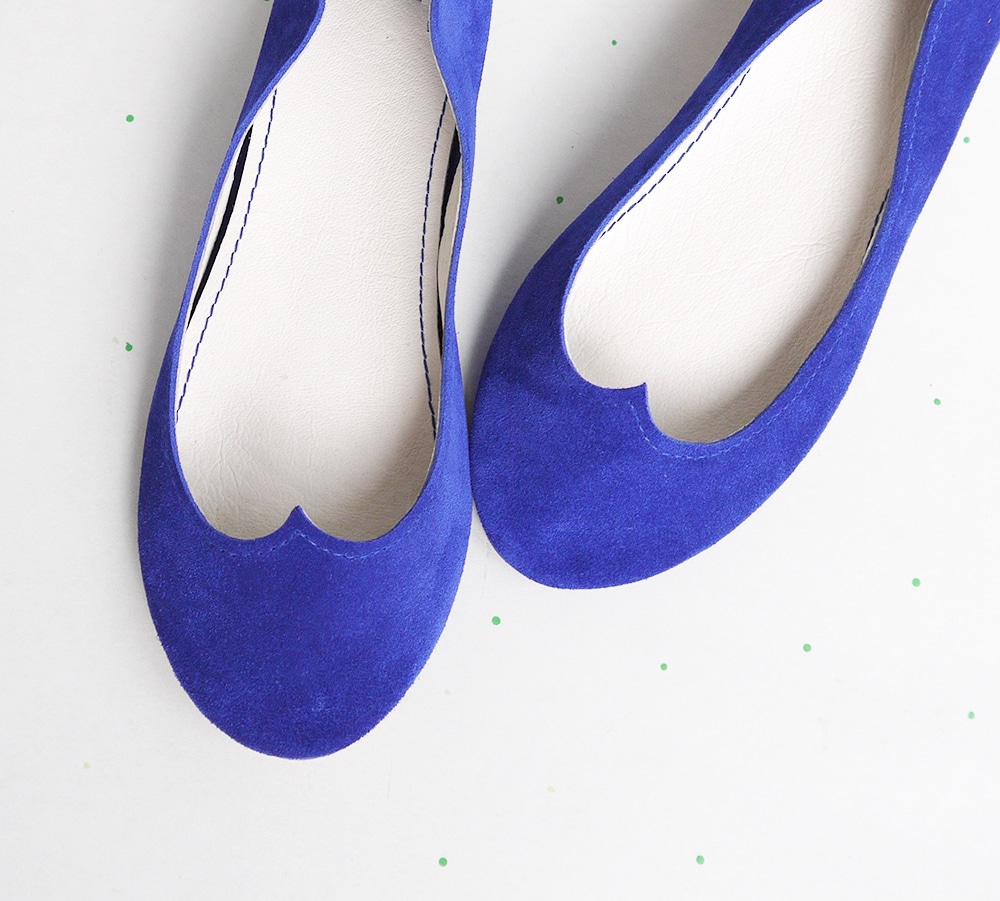 Ballet Flat Shoes in Blue Soft Leather with Heart Shape, Elehandmade Shoes