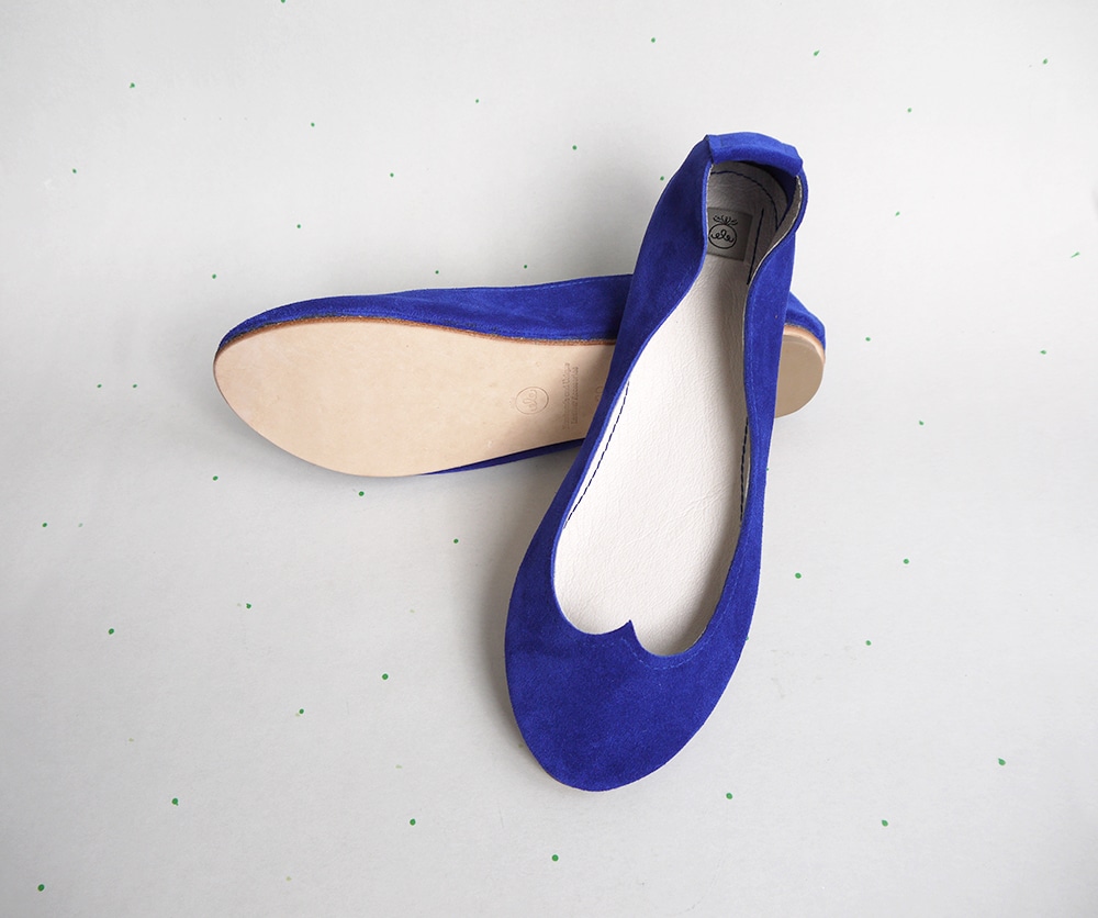 Ballet Flat Shoes in Blue Soft Leather with Heart Shape, Elehandmade Shoes