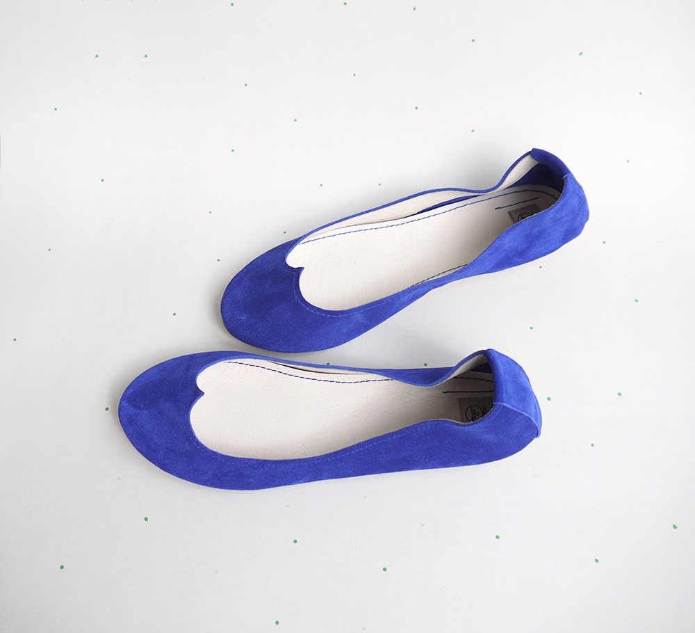 Ballet Flat Shoes in Blue Soft Leather with Heart Shape, Elehandmade Shoes