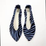 Handmade pointy toe flats in black and blue printed zebra Italian leather