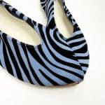 Handmade pointy toe flats in black and blue printed zebra Italian leather