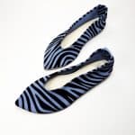 Handmade pointy toe flats in black and blue printed zebra Italian leather