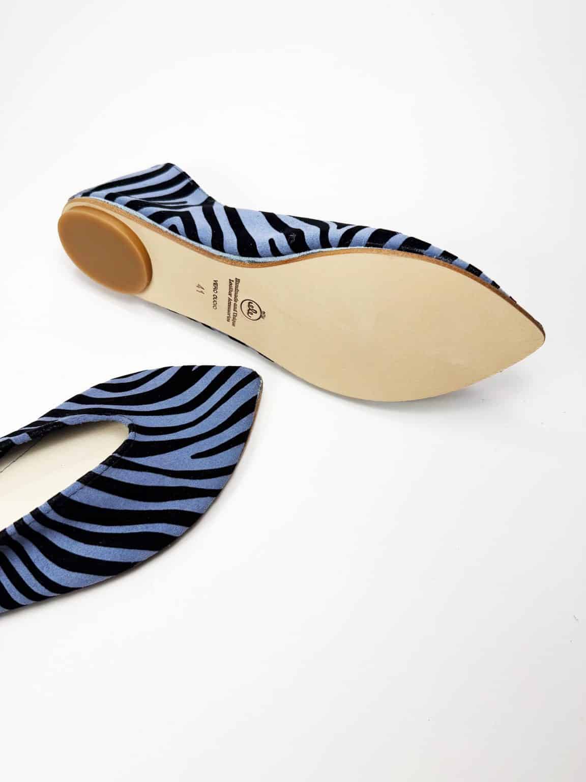 Handmade pointy toe flats in black and blue printed zebra Italian leather