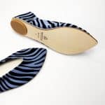 Handmade pointy toe flats in black and blue printed zebra Italian leather