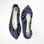 Handmade pointy toe flats in black and blue printed zebra Italian leather