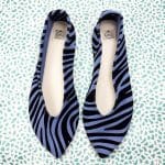 Handmade pointy toe flats in black and blue printed zebra Italian leather