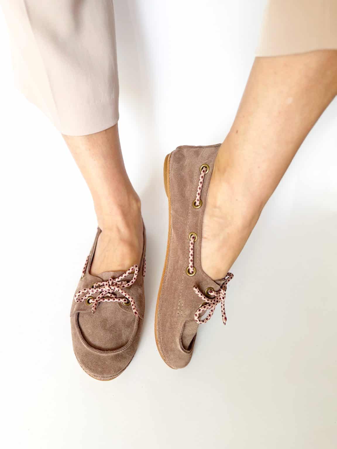 Handmade women's suede boat shoes in dusty rose taupe Italian leather