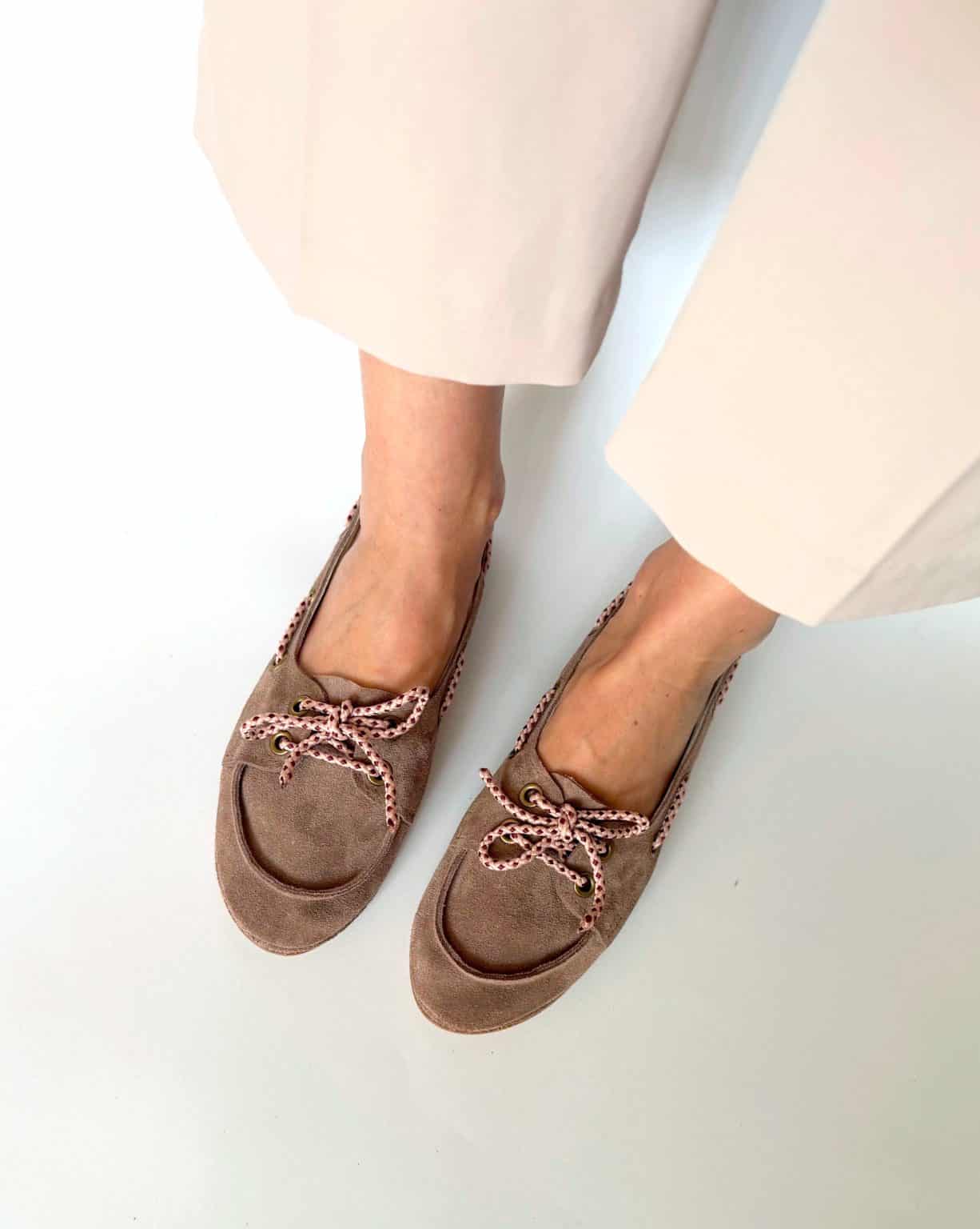 Handmade women's suede boat shoes in dusty rose taupe Italian leather