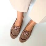 Handmade women's suede boat shoes in dusty rose taupe Italian leather